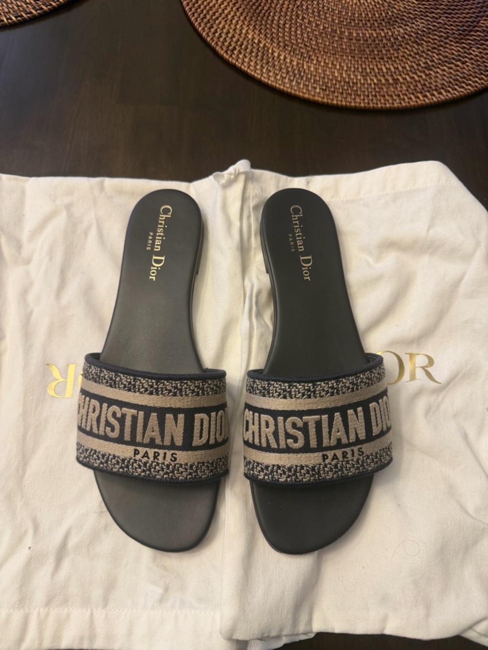 Dior Navy Blue Slide Sandals with Beige Logo Strap